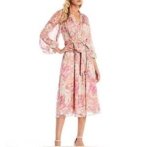 Alex Marie Sz 4 Small Hayden V-Neck Long Blouson Tie Waist Floral Print Dress